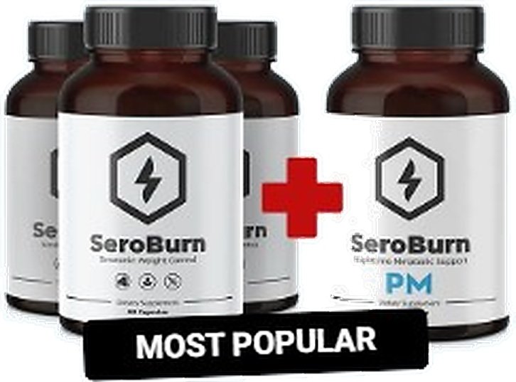 Promotional image showing the SeroBurn 3 plus 1 most popular package with three standard SeroBurn bottles and one SeroBurn PM bonus bottle.