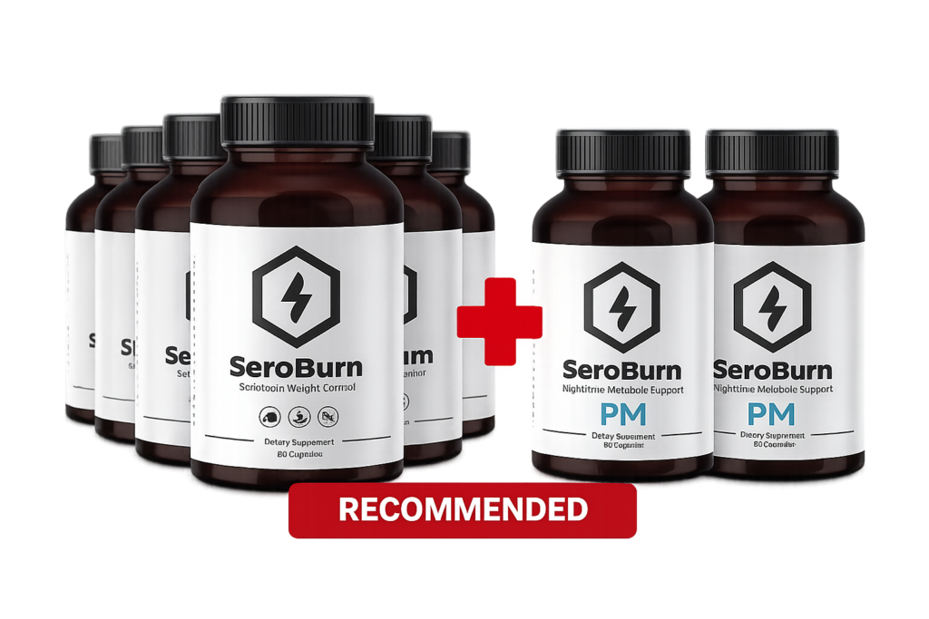 Promotional image showing the recommended SeroBurn package with multiple SeroBurn bottles, two SeroBurn PM bottles, and a recommended label.